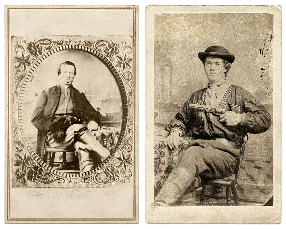 Two unpublished views of four known images of Quantrill’s raiders taken by Saunders in Lexington. The copy print portrait of George M. Todd, far left, (1839-1864) was found in an album containing images of the 12th Missouri Cavalry (Confederate). This is the earliest known version of the Todd image, picturing the original mat and light eyes, untouched in other copies to locate his pupils. The second image is believed to be Clark Hockensmith, who was killed in action in an unsuccessful effort to save Quantrill from death during a May 1865 raid by Union troopers at Wakefield’s Farm, Ky. The Hockensmith image was discovered in California, a fitting location as guerrilla action in Missouri was a precursor to later lawless activities on the American Frontier—popularly known as the Wild West. Collector Charles Orear, a descendant of Hockensmith, helped identify the Hockensmith portrait and discovered the Todd portrait.