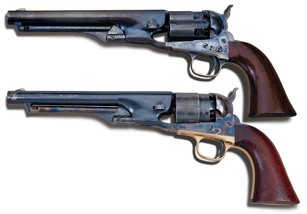 The fluted (top) and non-fluted, or rebated, 1860 Army Colts. ©️Paul Goodwin Creative Services.