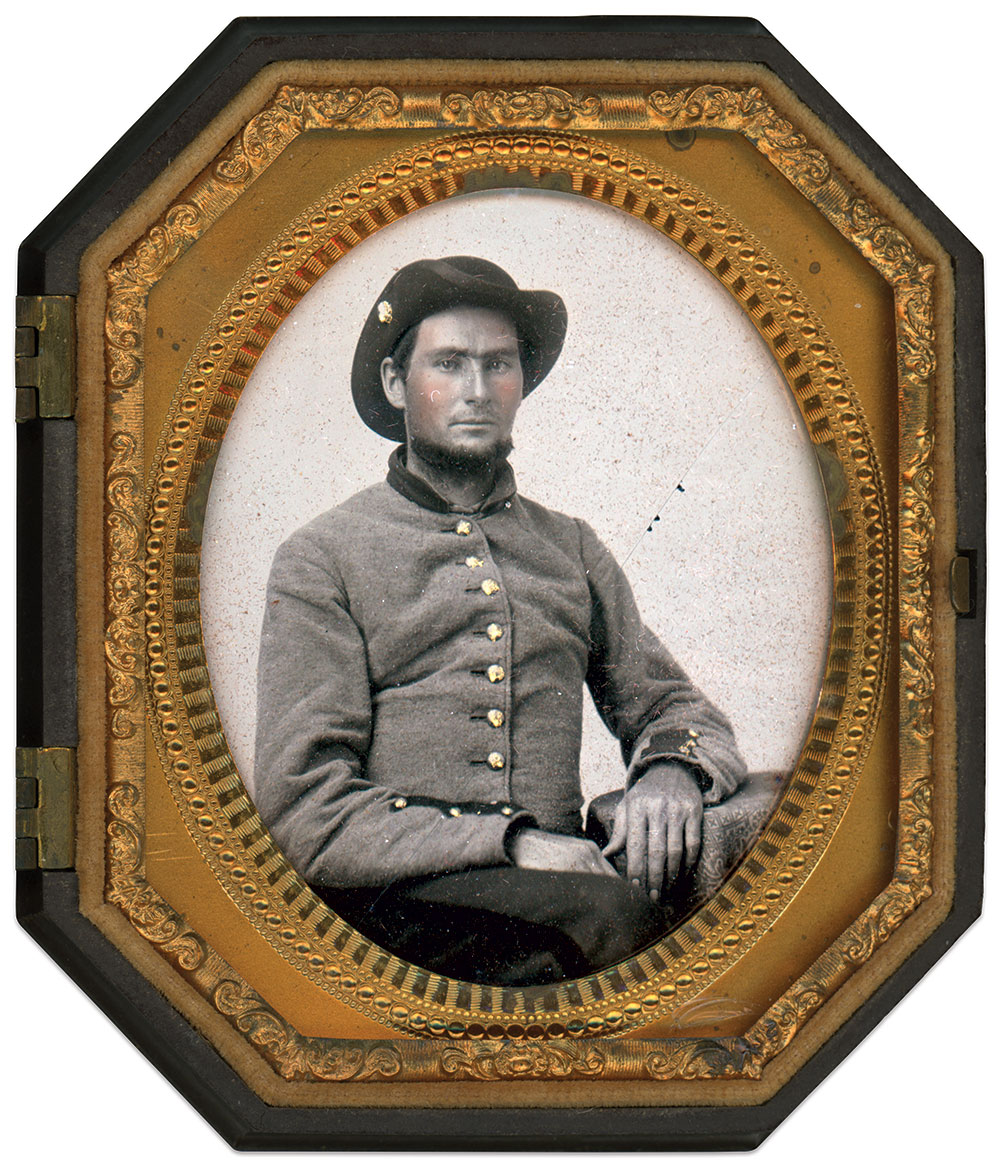 Southern soldier dressed in uniform consistent with Georgia troops. Sixth-plate tintype by an unidentified photographer. Brad Birch Collection.