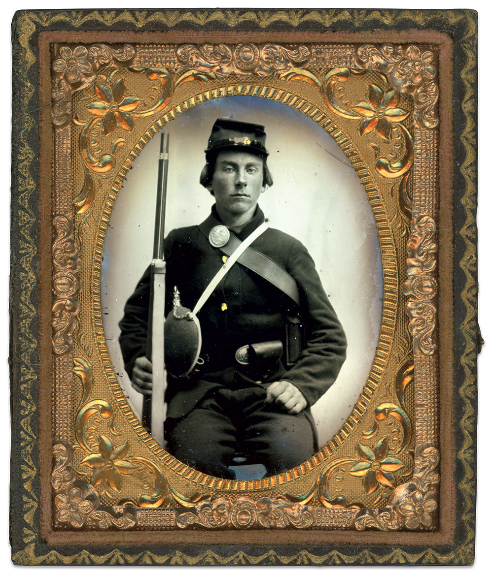 Union soldier with Ohio breastplate. Sixth-plate tintype by an unidentified photographer. Rande Young Collection.