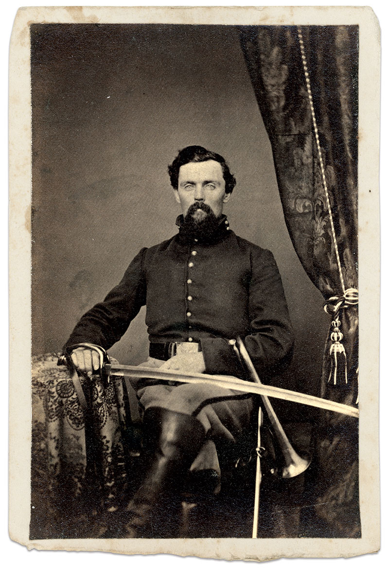 Farnsworth pictured as a musician in early 1862, when he and the 10th were stationed in Gettysburg, Pa. Carte de visite by Tyson Brothers of Gettysburg, Pa. Kyle M. Stetz Collection.