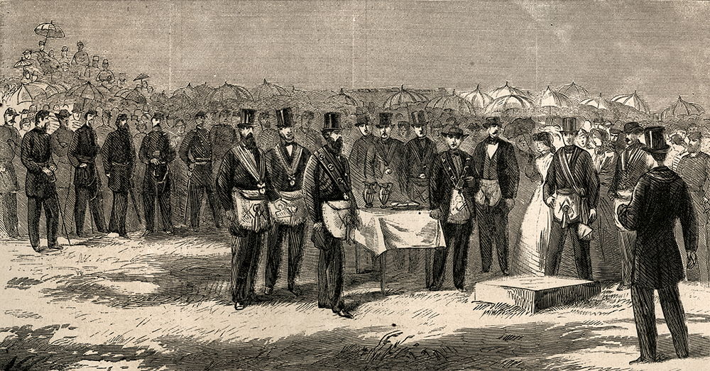 The July 22, 1865, issue of Harper’s Weekly included this depiction of “Laying the corner-stone of the Soldiers’ Monument at Gettysburg.” The illustration was based on a photograph by Alexander Gardner.