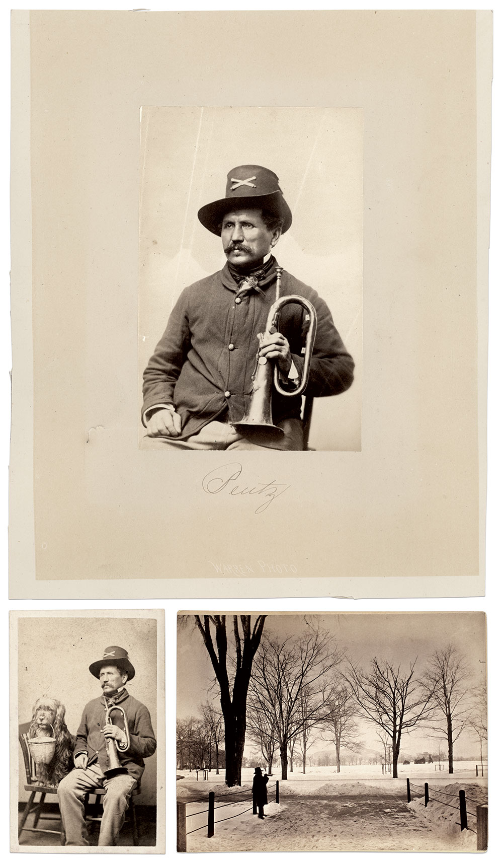 Clockwise from top: Bentz on the grounds of West Point towards the end of his storied career. Albumen print by an unidentified photographer. Buck Zaidel Collection; Bentz. Albumen print by an unidentified photographer. Chris Nelson Collection. Bentz and Hans, circa 1865. Bentz holds a B-flat keyed bugle, which, by the time of the Civil War, was no longer a standard band instrument. The crossed cannons insignia on his hat marks his membership in the artillery. Carte de visite by Warren of Cambridgeport, Mass. Chris Nelson Collection.