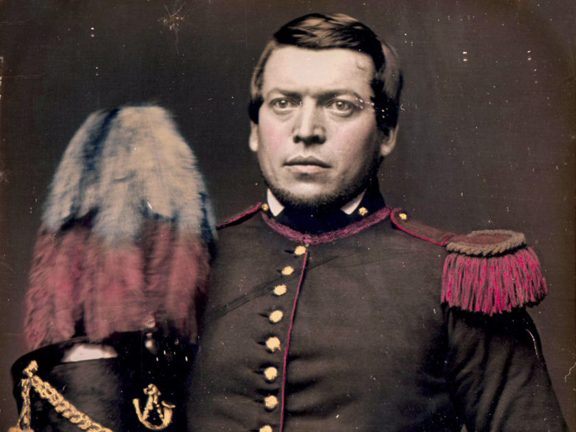 A Militia Soldier Posed with a Plumed Shako, Early 1850s