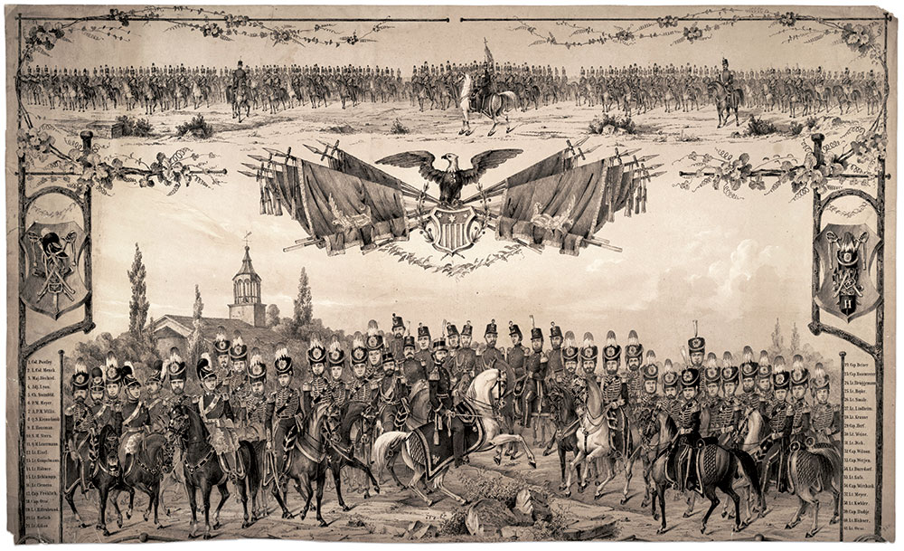 The officers of the 3rd Regiment (Hussars), New York State Militia are shown on parade above the panoply of arms in this circa 1856 lithograph. The names of each officer, listed on each side, indicate German ancestry. Colonel and commander Samuel Brooke Postley sits on a white horse at the center. Lithograph by Mensing and Staengel, based on artwork by Walter Staengel. Library of Congress.
