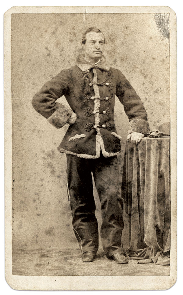 Rudolph Wieser, a veteran of the 1859 Italian Campaign, was educated in a military academy in Austria, and entered the Austrian army in 1852. He served six years in a light infantry regiment, and four years in a heavy artillery regiment, reaching the rank of first lieutenant. By 1862 he had immigrated to the U.S., and received a commission as second lieutenant of Company M, 4th Missouri Cavalry. Worthy of note is the fact that he is wearing his fur-lined pelisse as a coat or jacket. Carte de visite by Hoehne & Harmsen of Chicago, IL. Dennis Hood collection.