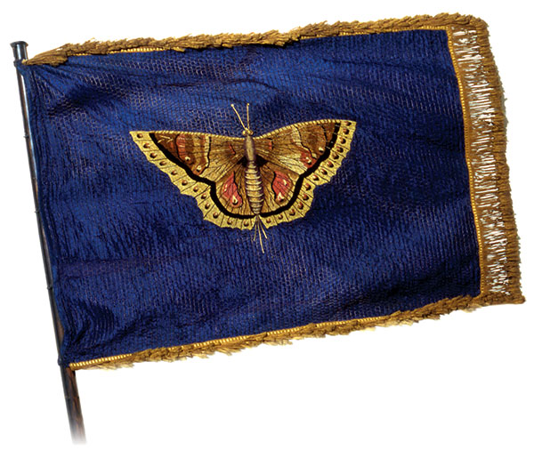 The flag of the 3rd New Jersey Cavalry features an embroidered butterfly. It symbolizes that the originally derisive nickname that resulted from their uniforms became a symbol of pride. State House Flag Collection, held in repository and curated by the New Jersey State Museum for the State Capitol Joint Management Commission SHFC8.