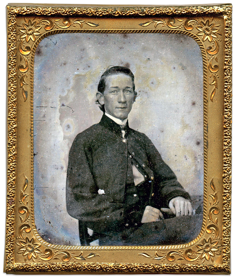 Irish-born Andrew McGowan served faithfully as a private in Carpenter’s Battery from April 1861 until being shot in the elbow at Mine Run in November 1863. While in the hospital at Staunton recuperating Union forces captured McGowan and sent him to Fort Delaware, Del. Slated for exchange, he died of consumption at Point Lookout, Md., on Feb. 17, 1865. Sixth plate ambrotype attributed to Rees. Dave Batalo Collection.