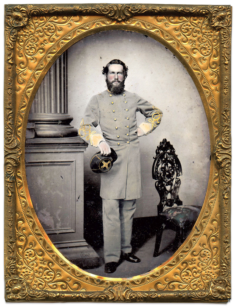 Sartorially splendid but martially unreliable Lt. Alexander Hamilton “Sandy” Rogers served on the staff of Lt. Gen. Daniel H. Hill. Resigning his post in October 1862 on account of rheumatism, Hill happily endorsed the application, writing, “Rogers disappeared when the first shell appeared.” Rogers lived until age 75, dying in Loudoun County, Va., in 1905. Half plate ambrotype, signed. Dave Batalo Collection.