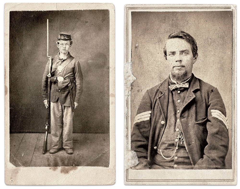 Eli, left, and William Harris. Carte de visite by an unidentified photographer, left, and Smith and Whiley of Columbus, Ohio. Axel J.M. Ravera Collection.