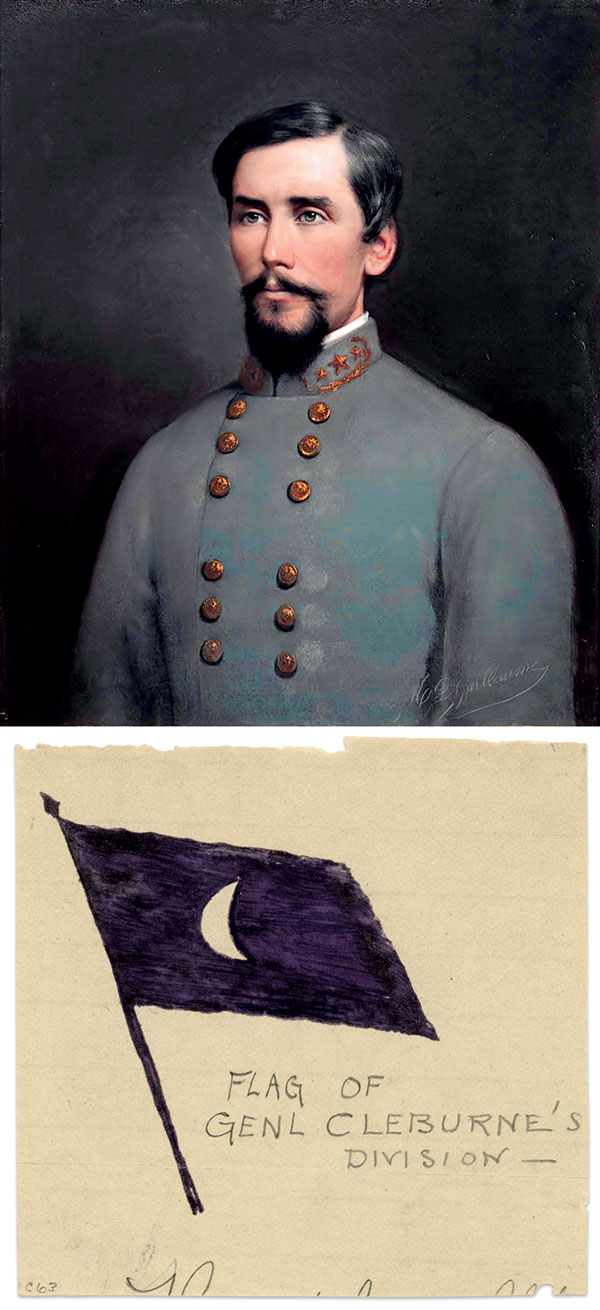 Portrait of Cleburne by Louis-Mathieu-Didier Guillaume (1816-1892), Wikimedia Commons; The colors of Cleburne’s Division sketched by Alfred R. Waud, Library of Congress.