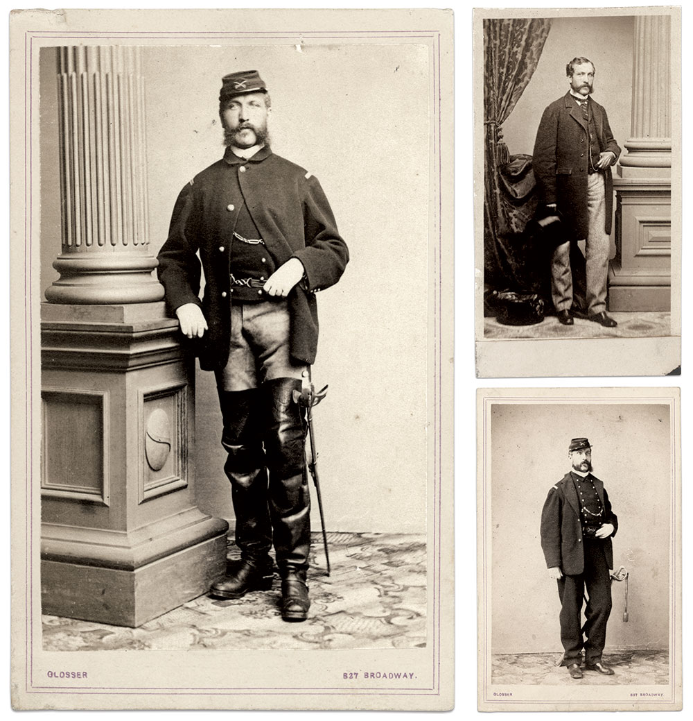 Three views of Siebert: He inscribed the back of the thigh-high boots portrait with his name and rank. He dated it Jan. 29, 1864, in Stephensburg, Va. Known today as Stephens City, it is located in the northwest tip of the commonwealth. Cartes de visite by Glosser of New York City (in uniform) and by an unidentified photographer. Rick Carlile Collection.