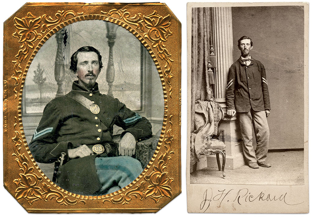 James Helme Richard (1838-1914) is pictured in plate, left, and paper as a corporal in Company D of the 18th Connecticut Infantry. He left in 1864 to be a captain in the 19th U.S. Colored Infantry. He fought at the Battle of the Crater, and served until 1866. He shared his wartime experience in “Services with Colored Troops in Burnside’s Corps” in 1894. Sixth plate tintype by an unidentified photographer; carte de visite by an unidentified photographer. Paul Russinoff Collection.