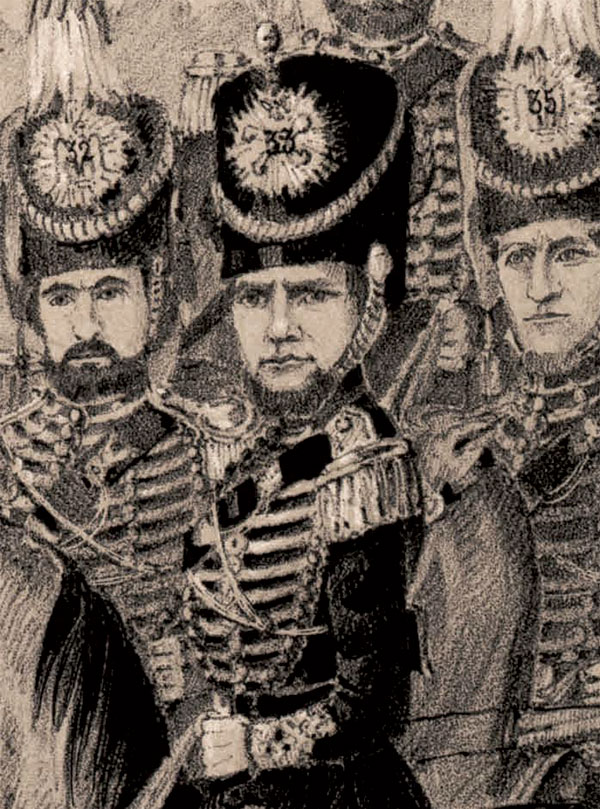 A detail of the officer in the right foreground, Capt. Wetjen, reveals his death’s head insignia on his fur cap, which indicates he commanded the company of Black Hussars.