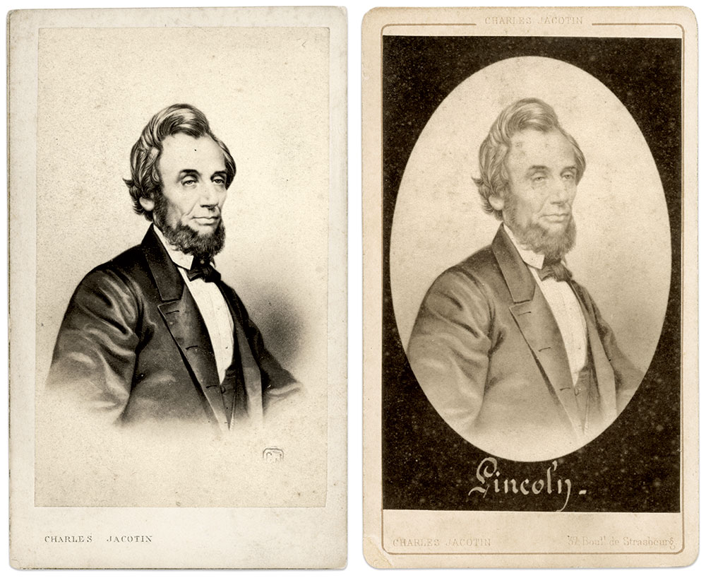 Jacotin used the same portrait twice, circa 1865, left, and 1884. Cartes de visite by Charles Jacotin of Paris.