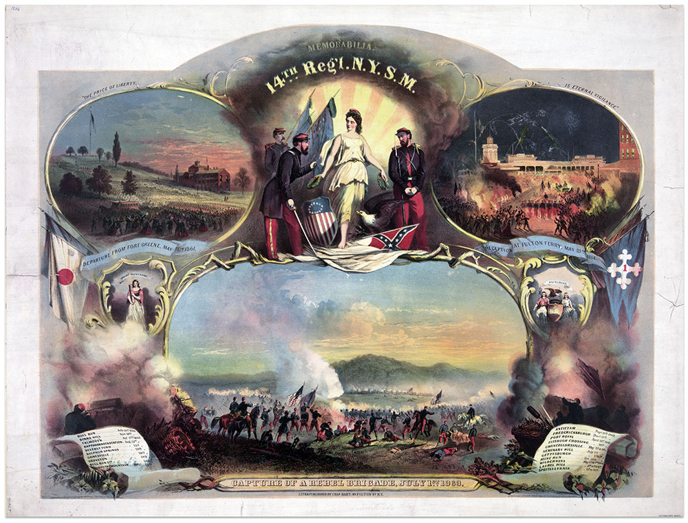 “Capture of a Rebel Brigade, July 1st 1863” at Gettysburg is a detail of an 1865 lithograph of vignettes illustrating the Civil War service of the 14th Brooklyn.