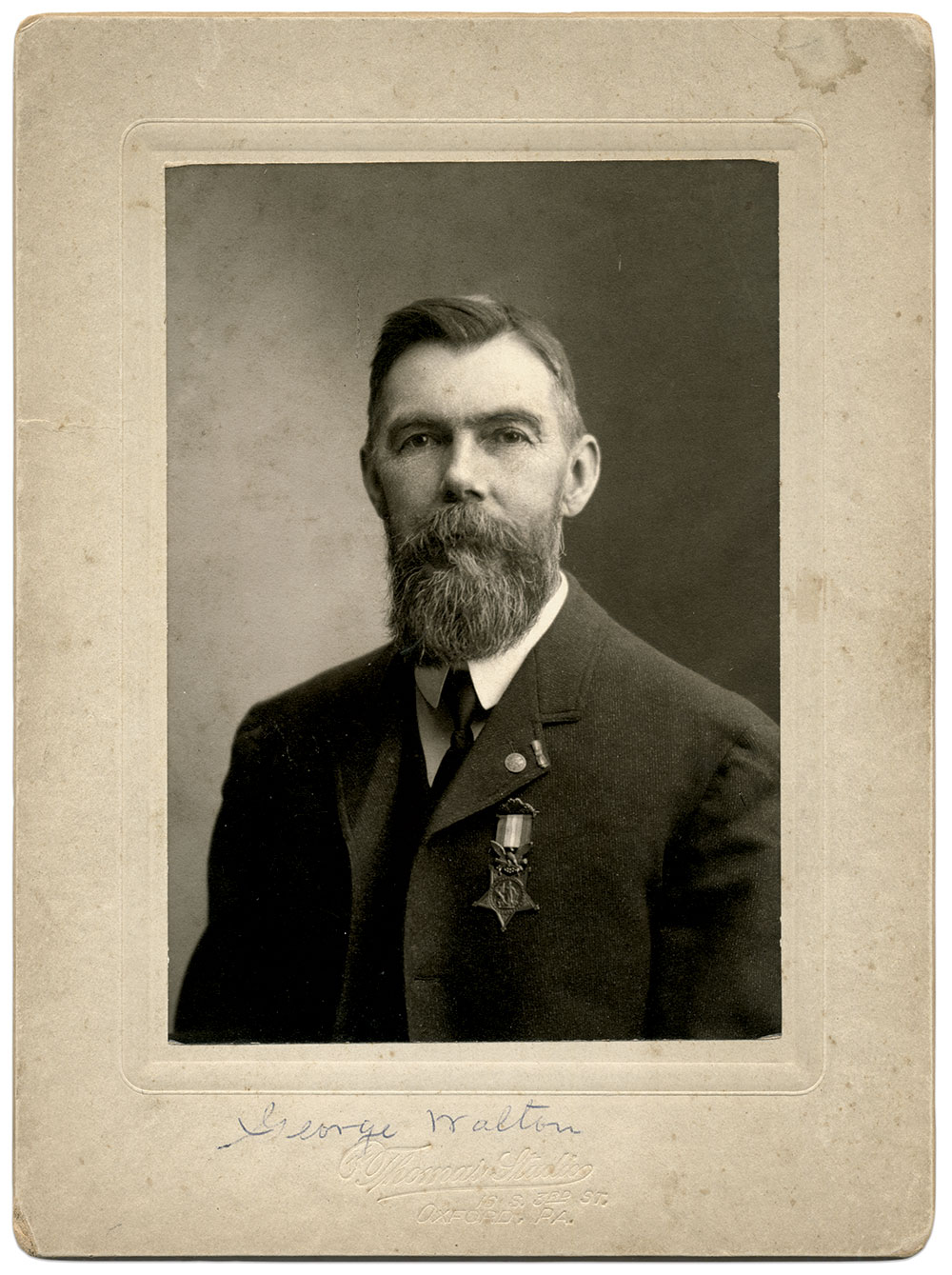 Walton wearing his Medal of Honor, circa 1902. Photograph by The Thomas Studio of Oxford, Pa. Faye and Ed Max Collection.