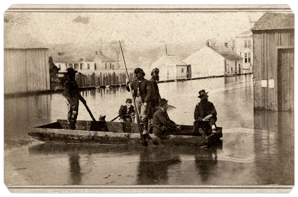 The proximity of Helena to the Mississippi River made it vulnerable to flooding, as evidenced by these images of soldiers navigating the high waters after an April 1865 event. The Sultana battled floodwaters prior to its arrival later in the month. Bankes made a number of images of the effects of the spillover into city streets. Butler Center for Arkansas Studies.