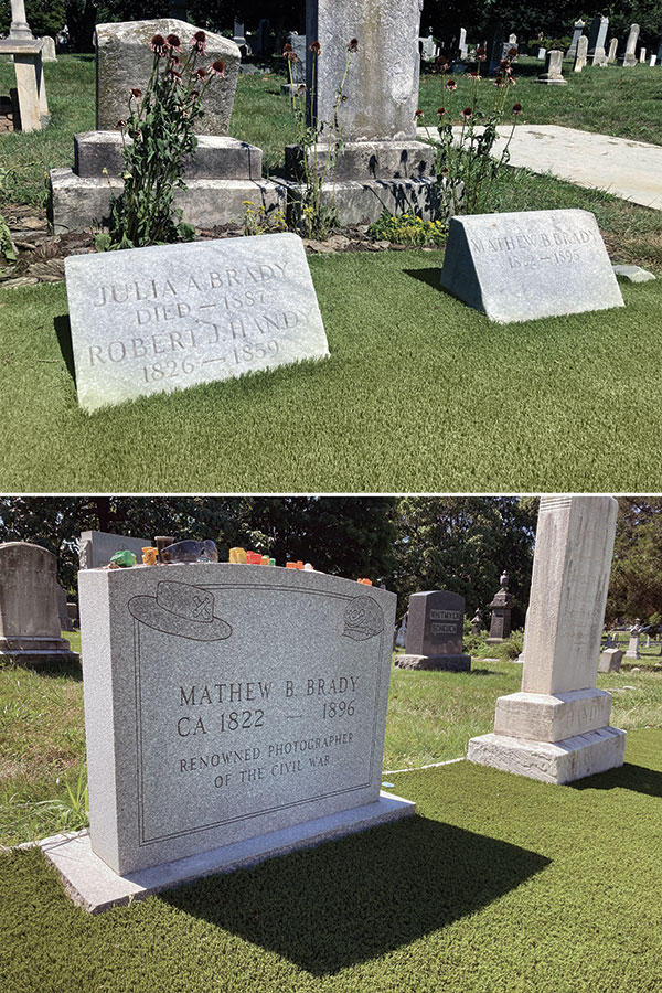 The original grave markers for Brady and his wife, Julia, left, and the memorial stone erected by Civil War enthusiasts, right.