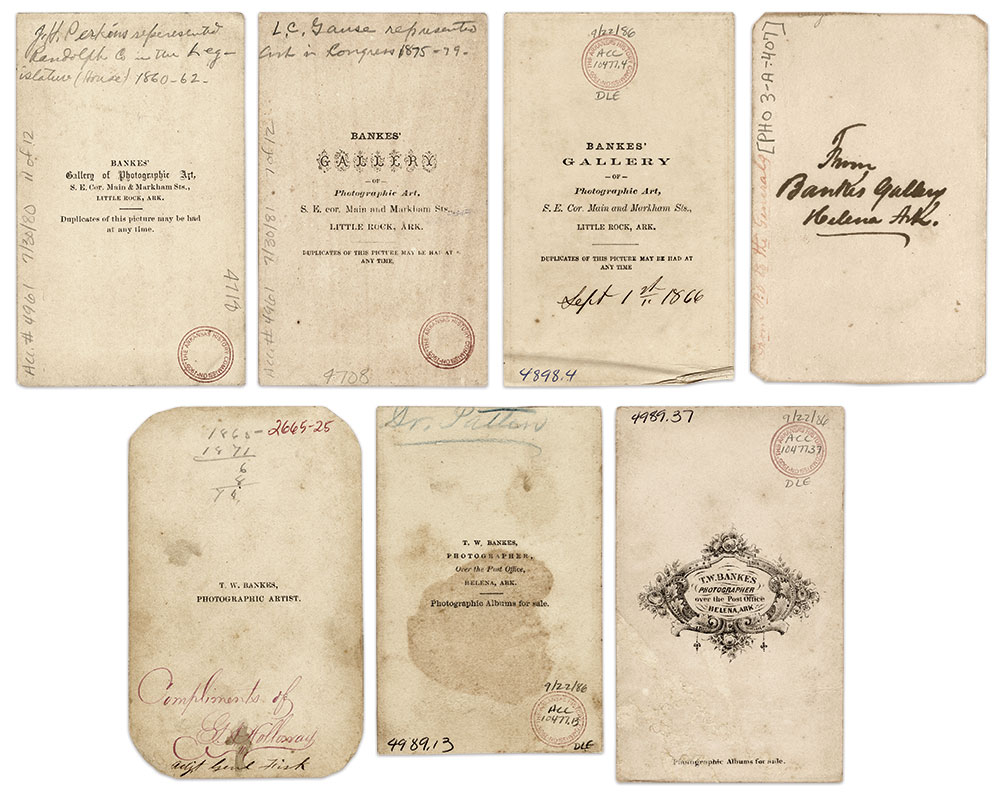 Bankes backmarks: A selection of known imprints used by Bankes on wartime and immediate postwar cartes de visite in rough chronological order. The last example, inscribed by hand, appears on a number of surviving Bankes images. It is believed he turned to handwritten backmarks when he ran out of stock of the printed versions.