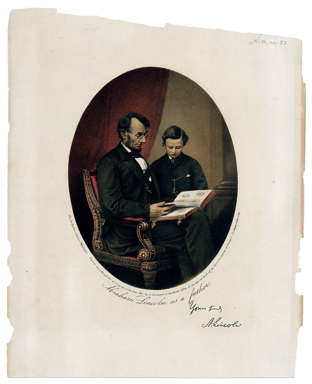 Philadelphia’s Charles Desilver published a lithograph of “Abraham Lincoln as a father” with the president’s facsimile signature in 1865, and made the photograph available in the carte de visite format. The drawing for the lithograph is credited to Philadelphia-based artist Gustav E. Gumpert. 