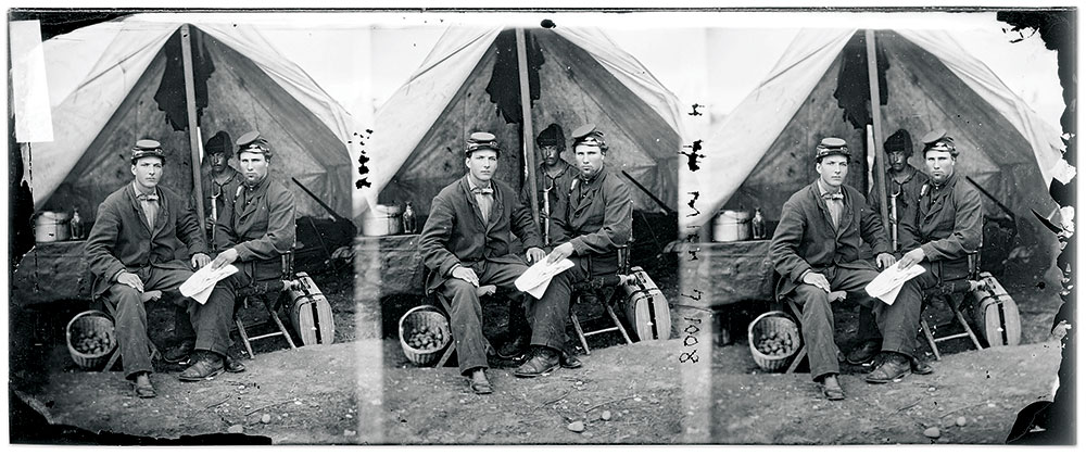 Figure 5: Three soldiers at their tent. Positive reproduction of glass negative (NARA 111-B-5470). National Archives.
