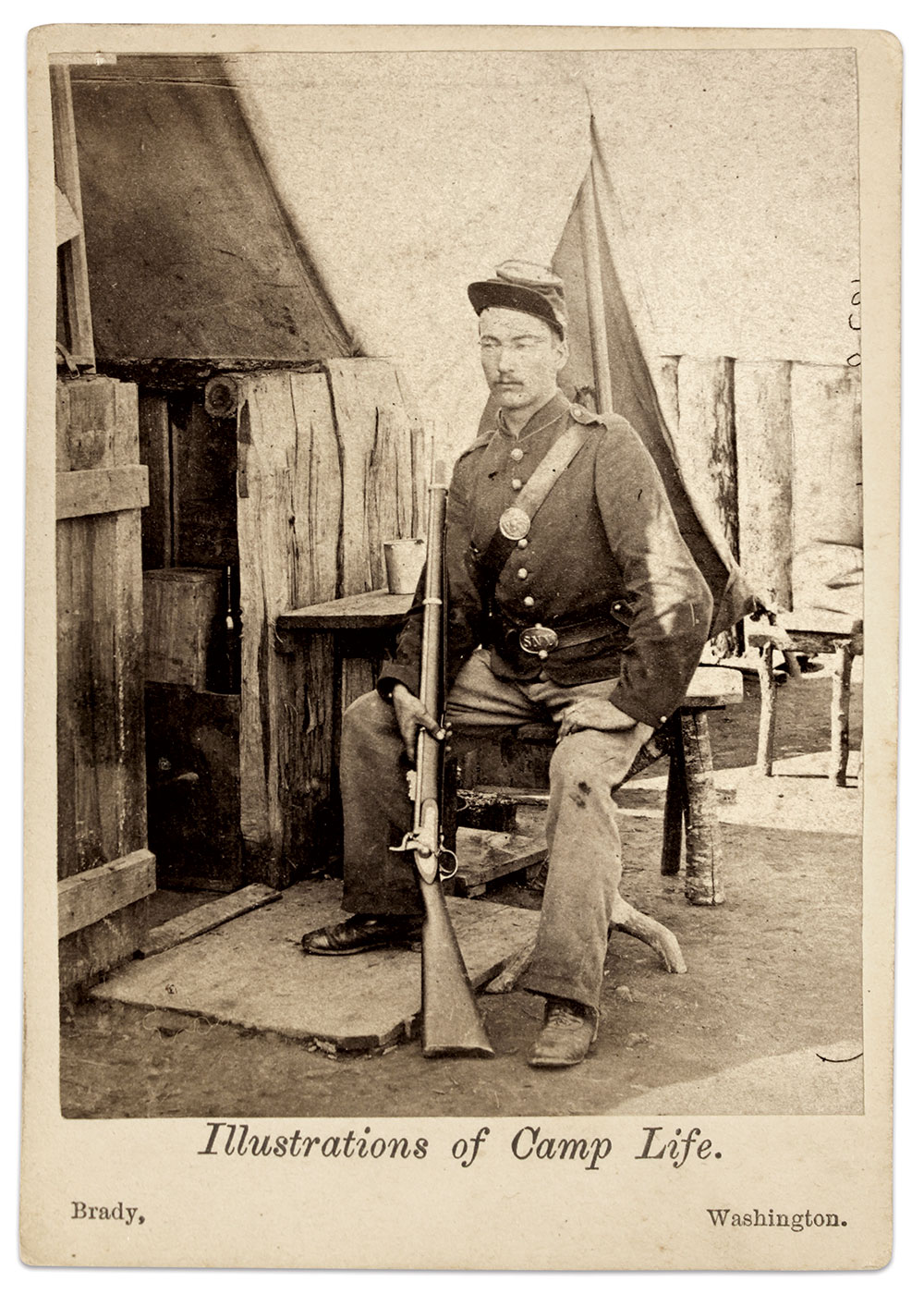 Figure 10: New York soldier on stool, Fort Runyon, Va., 1861. Albumen silver print from glass negative. Buck Zaidel Collection.