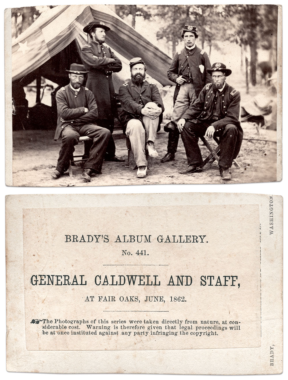 Figure 20: General Caldwell and staff, at Fair Oaks, Va., June 1862; Brady’s Album Gallery, No. 441. Albumen silver print from glass negative. Brian Scherzer Collection.