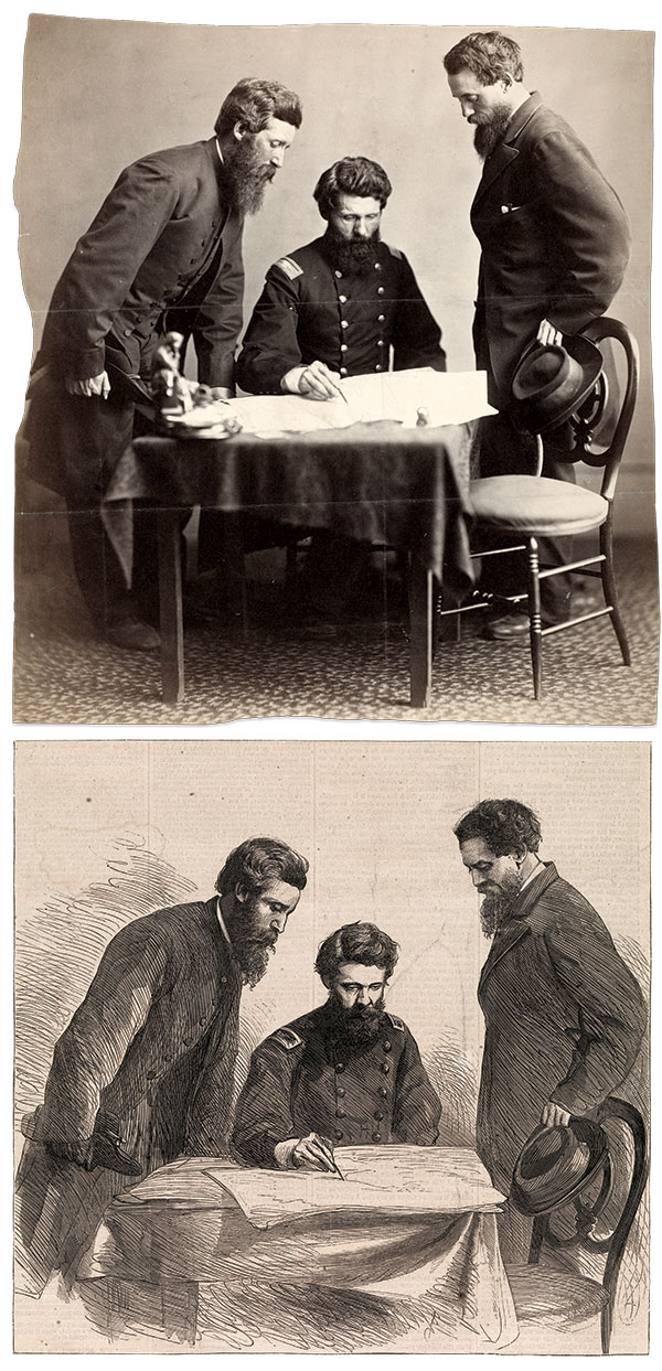Alexander Gardner created this tableau of Baker flanked by his cousin, Luther Byron Baker, and Everton J. Conger. The photograph appeared as an engraving titled “Planning the Capture” in the May 13, 1865, issue of Harper’s Weekly. Albumen print by Alexander Gardner of Washington, D.C. The Metropolitan Museum of Art.