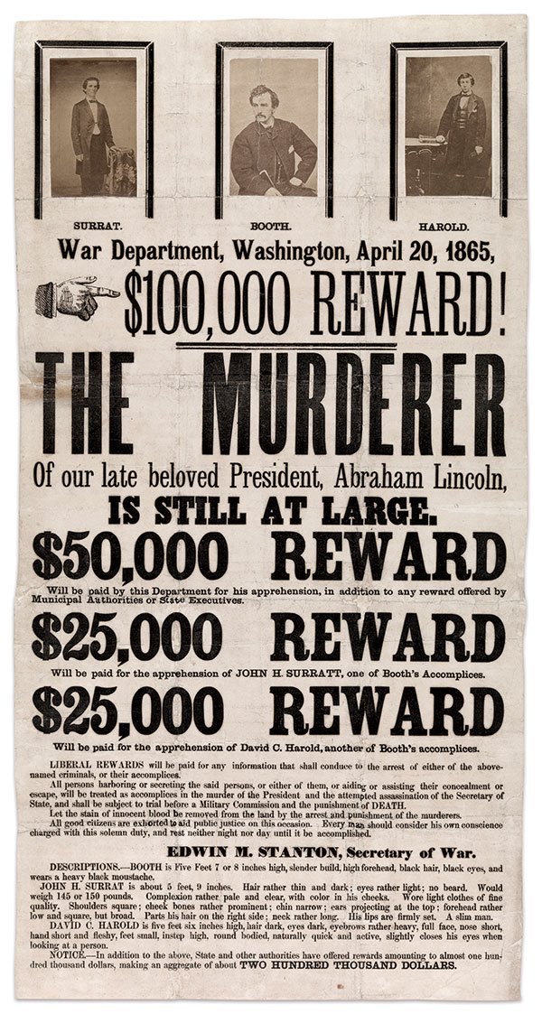 This wanted poster, illustrated with albumen prints, cast a wide net and offered a significant reward to assist in the manhunt for Lincoln’s assassins: “All good citizens are exhorted to aid public justice on this occasion. Every man should consider his own conscience charged with this solemn duty, and rest neither night nor day until it be accomplished.” The Metropolitan Museum of Art.