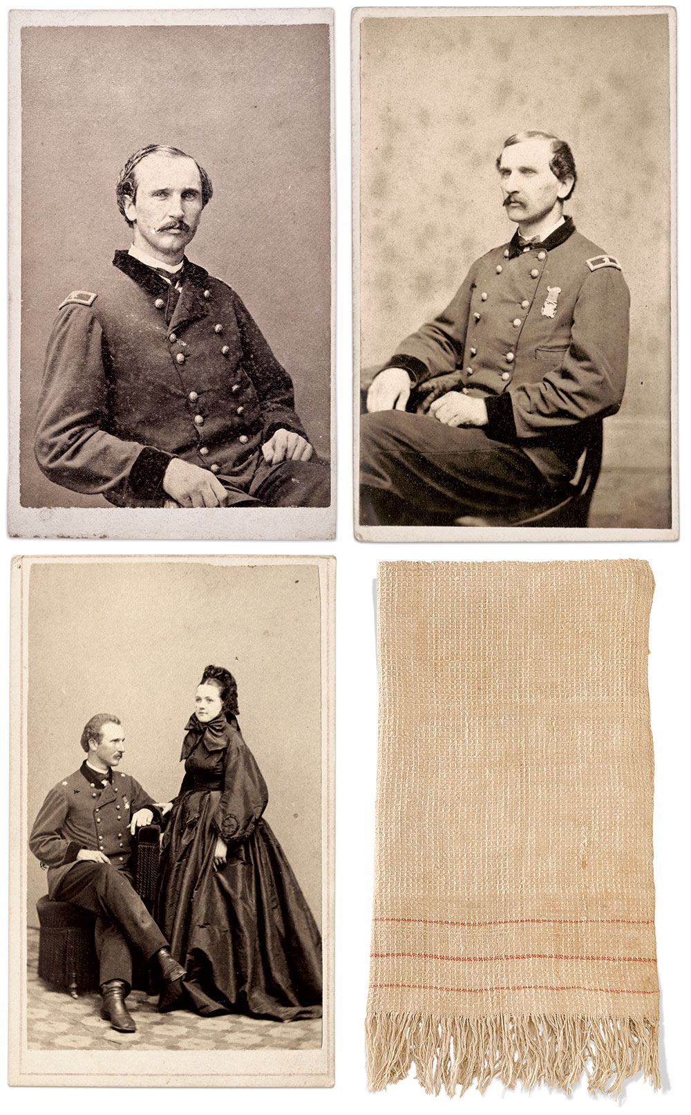 Clockwise from bottom left: Whitaker posed with his wife, Theodosia (carte de visite by John Goldin & Co. of  Washington, D.C. Buck Zaidel Collection); Whitaker pictured as a brevet brigadier general, circa 1865 (carte de visite by an unidentified photographer. Buck Zaidel Collection.); Whitaker wearing the unique medal honoring his service with Custer (carte de visite by William A. Beers and Sereno Mansfield of New Haven, Conn. The Liljenquist Family Collection at the Library of Congress.); Custer’s half of the flag of truce towel. National Museum of History.
