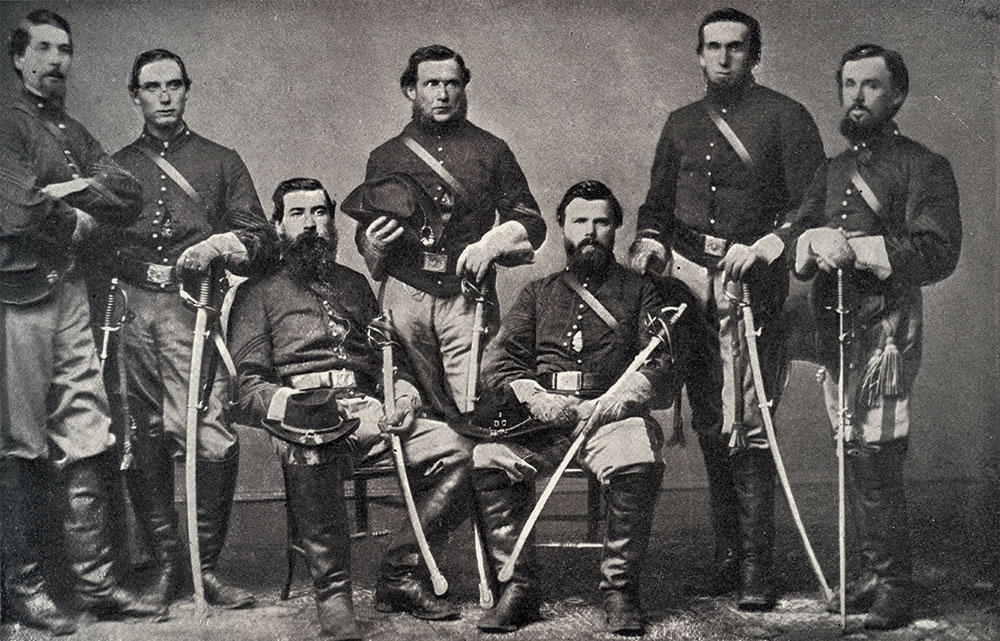 This group of unidentified troopers, pictured in Volume Four of Francis Trevelyan Miller’s landmark 1911 series The Photographic History of the Civil War, is titled “Cavalry to Guard the District of Columbia.” The caption notes “Colonel Baker was in the Federal Secret Service, and used these cavalrymen as his police.” Digitized from the original page in Miller’s Photographic History. Author’s collection.