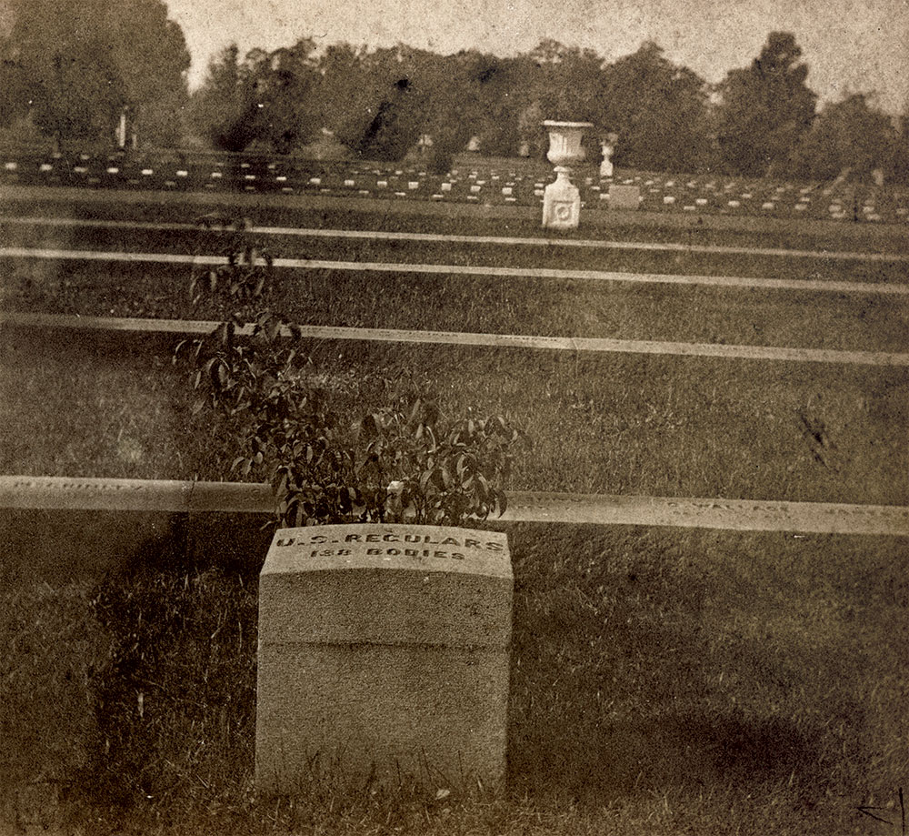 Burial place of Regulars at the Soldiers’ National Cemetery. Detail of stereo card by an unidentified photographer.