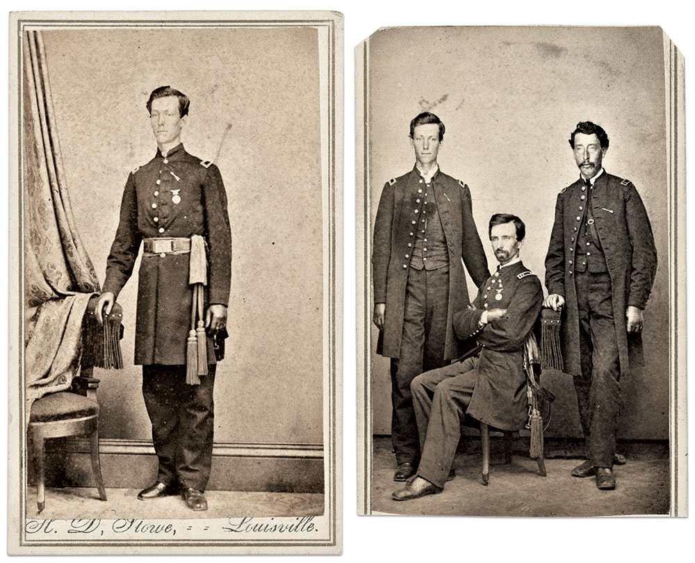 Left: Bale posed for this portrait at the end of his service with a 17th Corps arrow and an Army of Georgia medal prominently displayed on his uniform coat (Carte de visite by H.D. Stowe of Louisville, Ky. Mark Warren Collection). Right: Company H officers, from left: 2nd Lt. Bale, Capt. John F. Conyngham (about 1839-1868), and 1st Lt. Thomas W. Summersides, about 1835-1907 (Carte de visite by H.D. Stowe of Louisville, Ky. Mark Warren Collection).