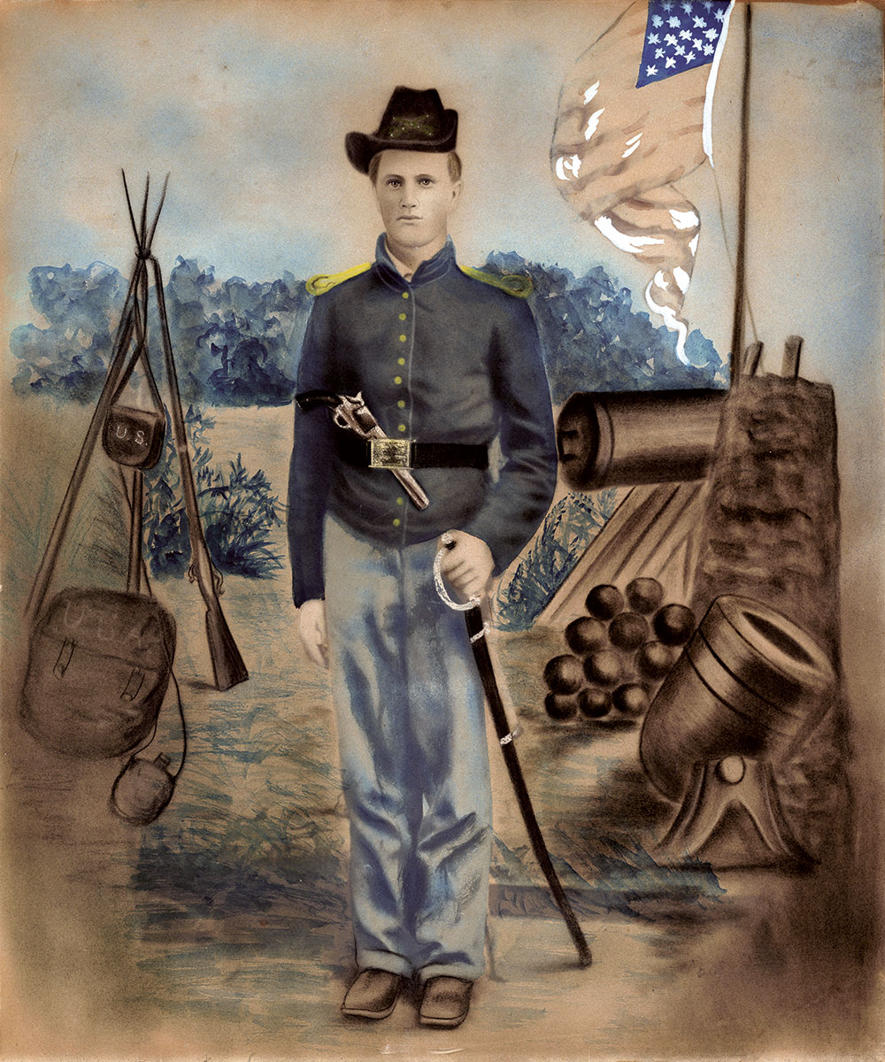 Jonas Ray stands in front of the iconic Benton Barracks backdrop used by St. Louis photographer Enoch Long in this solar enlargement measuring 21 x 25 inches. It is housed in the original plaster frame. Author’s collection.