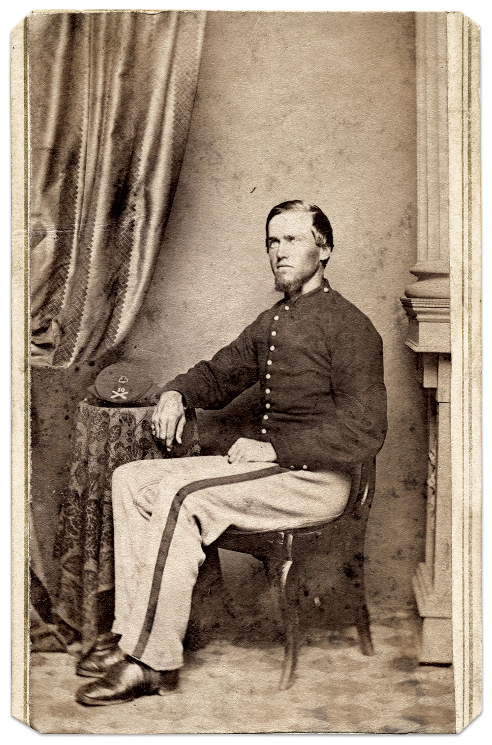 Billings probably sat for this portrait at the time of his muster out of the 10th in June 1865. It is believed to be previously unpublished. Billings wears red corporal’s chevrons that appear very dark due to the nature of wet-plate photography. His cap on the table includes a 2nd Corps trefoil, the numeral 10, and the crossed cannon insignia of the artillery. Carte de visite by E. Samuels of Boston, Mass. Author’s collection.