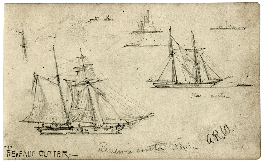 Broadside views of revenue cutters sketched by illustrator Alfred R. Waud. Library of Congress.
