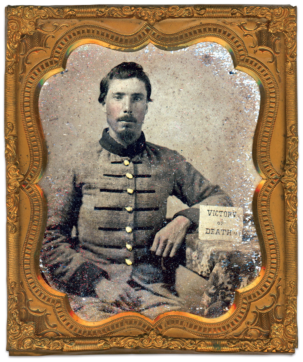 Unidentified soldier with variant placard. Sixth plate tintype. Paul Reeder Collection.