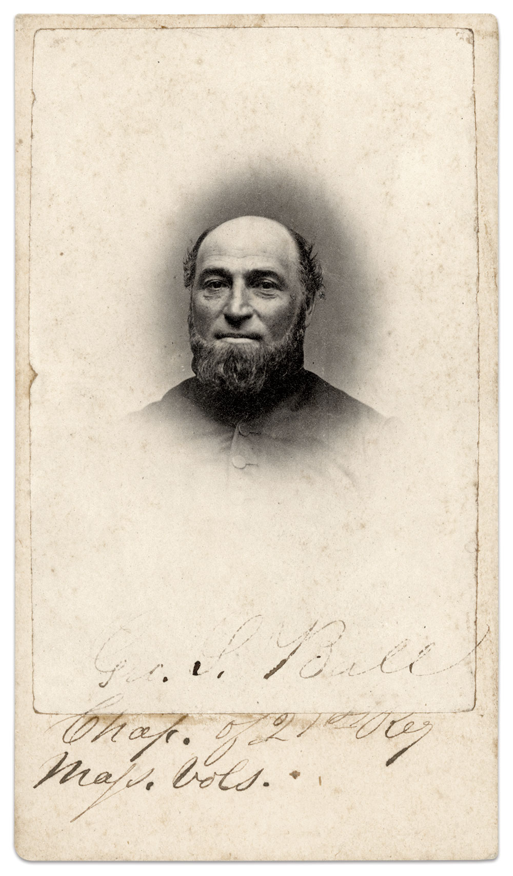 George Sumner Ball (1822-1902), a Unitarian minister, left a positive and lasting impression on the men of the 21st as moral leader, postmaster and nurse. Carte de visite by Charles T. Sylvester of Boston, Mass.
