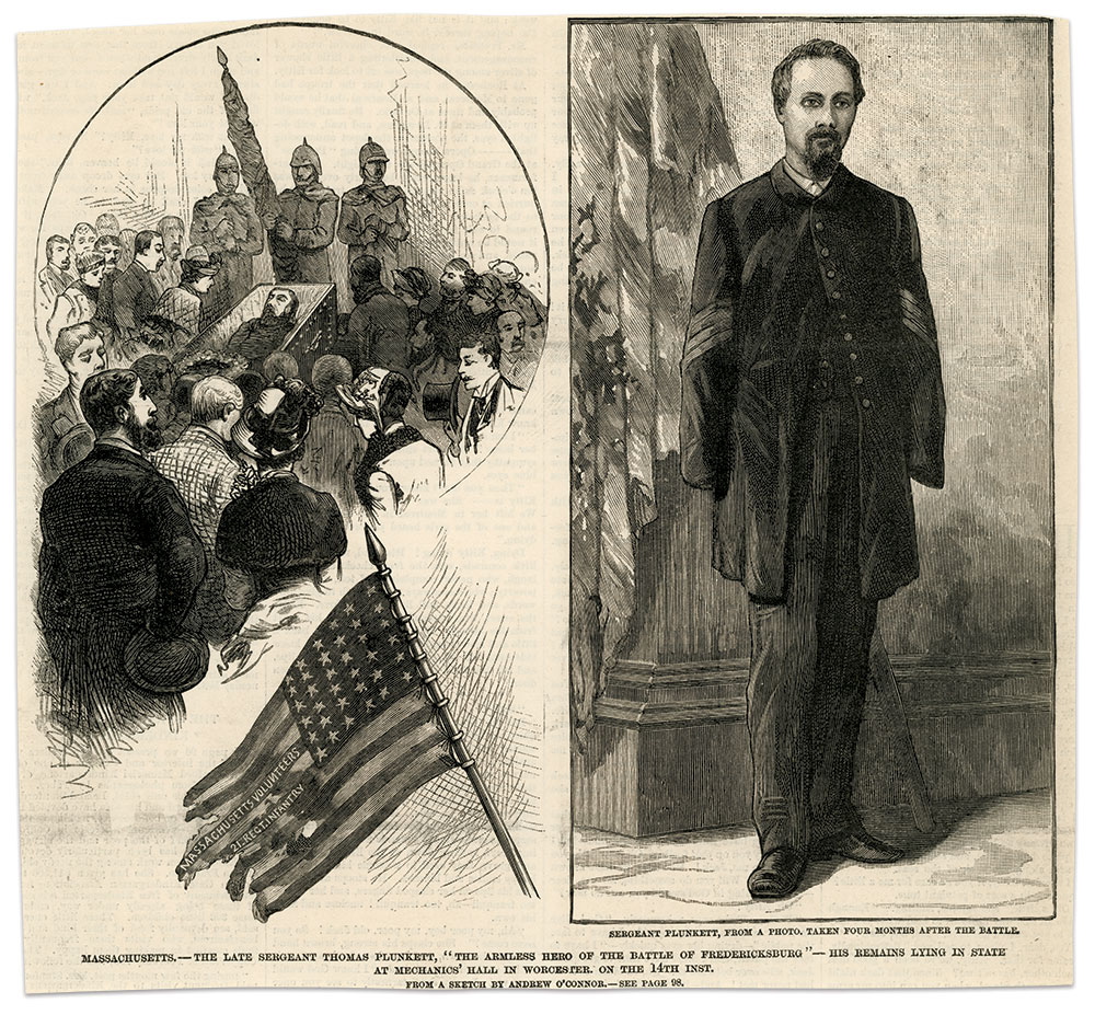 An obituary accompanying this engraving from the March 28, 1885, issue of Frank Leslie’s Illustrated Newspaper praised Tom as the “Armless Hero of Fredericksburg.”