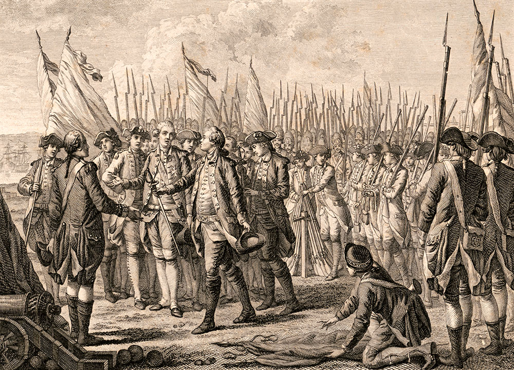 SURRENDER AT YORKTOWN: A circa 1784 French illustration depicts the surrender of the British at Yorktown, with Comte de Rochambeau directing British Gen. Charles O’Hara to present Cornwallis’ sword to Gen. Washington. Library of Congress.