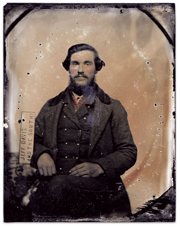 Six soldiers in the survey are unarmed, and one man, pictured here, is a civilian. One theory holds he may be the mystery photographer. Ninth plate ambrotype. Matthew L. Oswalt, M.D. Collection.