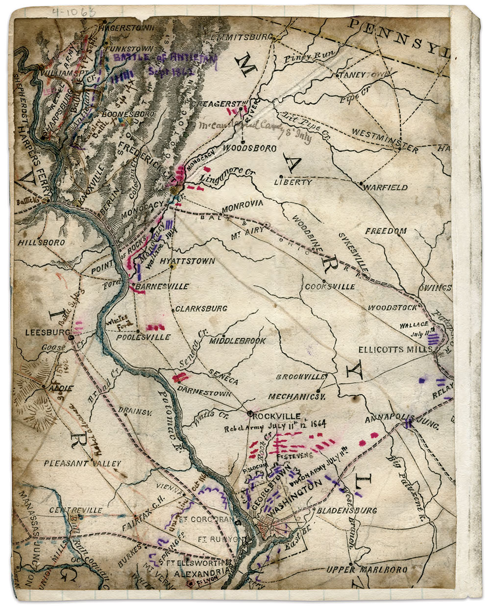The location of the Battle of the Monocacy and other engagements as Lt. Gen. Early and his corps marched on Washington are revealed in this map by U.S. Topographical Engineer Robert Knox Sneden. Library of Congress.