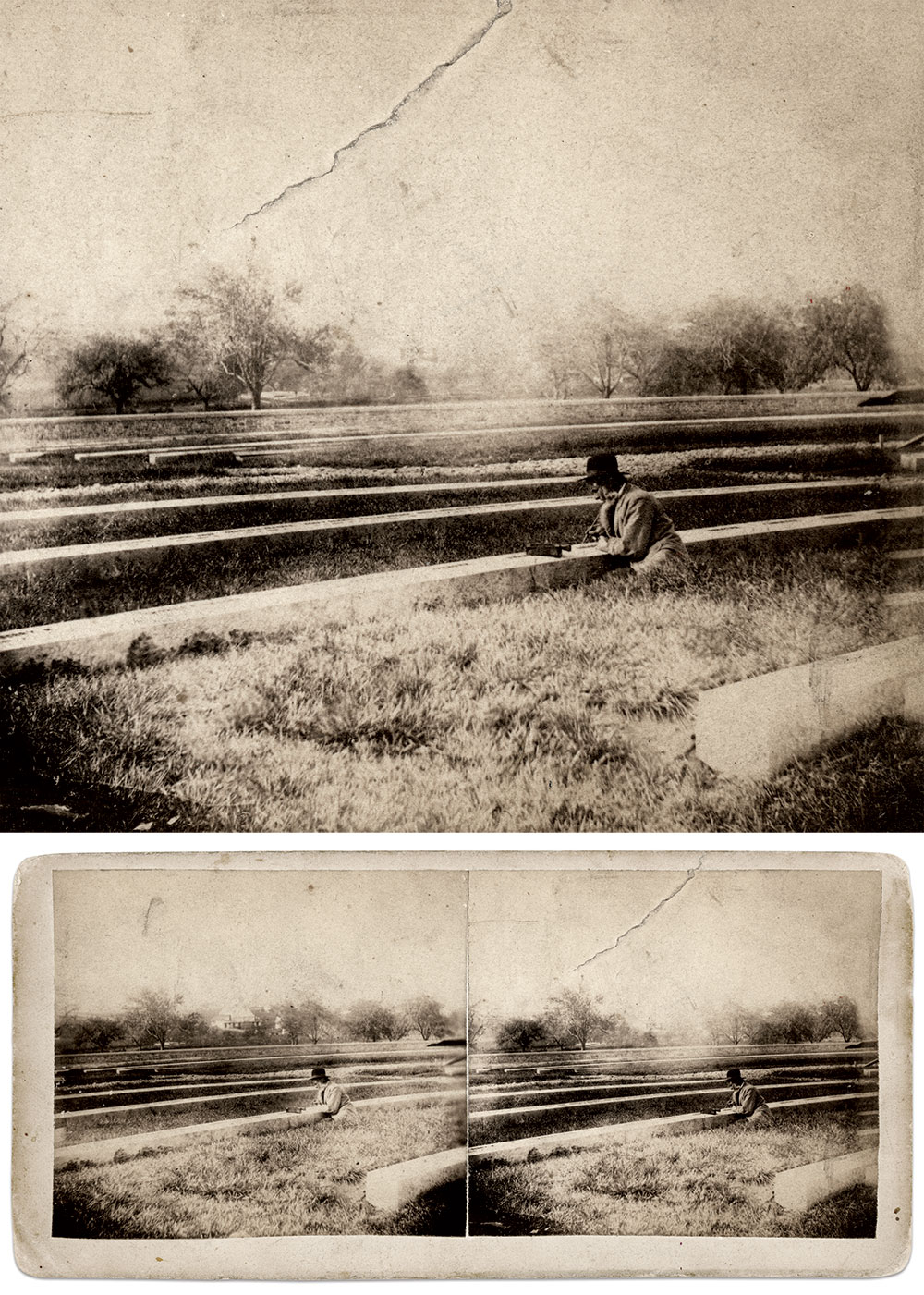 Samuel Weaver applying black paint to the letters on gravestones in the New Jersey Section during the summer of 1866. Stereo card by Hanson E. Weaver of Hanover, Pa.