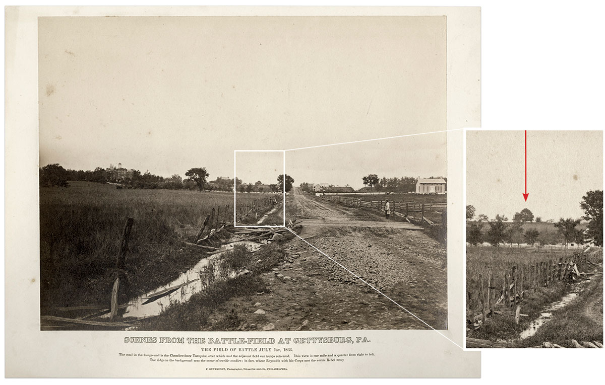 This view looking northwest down Chambersburg Pike by Philadelphia photographer Frederick Gutekunst is believed to have been taken between July 9-15—before Brady’s team photographed the prisoners. It is the only known image of the general area where the prisoners posed that dates from July 1863. The spot is almost dead center of the print area. The rise of ground along the horizon is Seminary Ridge. The tree in the center is the approximate location of where the prisoners stood. Their backs would have faced Gutekunst’s camera. The Seminary building and its familiar cupula can be seen along the horizon on the left. Special Collections and College Archives/Musselman Library, Gettysburg College.