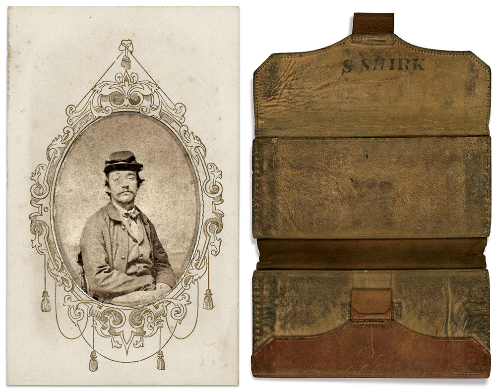 Solomon Shirk and the wallet recovered by his brother David. Carte de visite by an unidentified photographer.