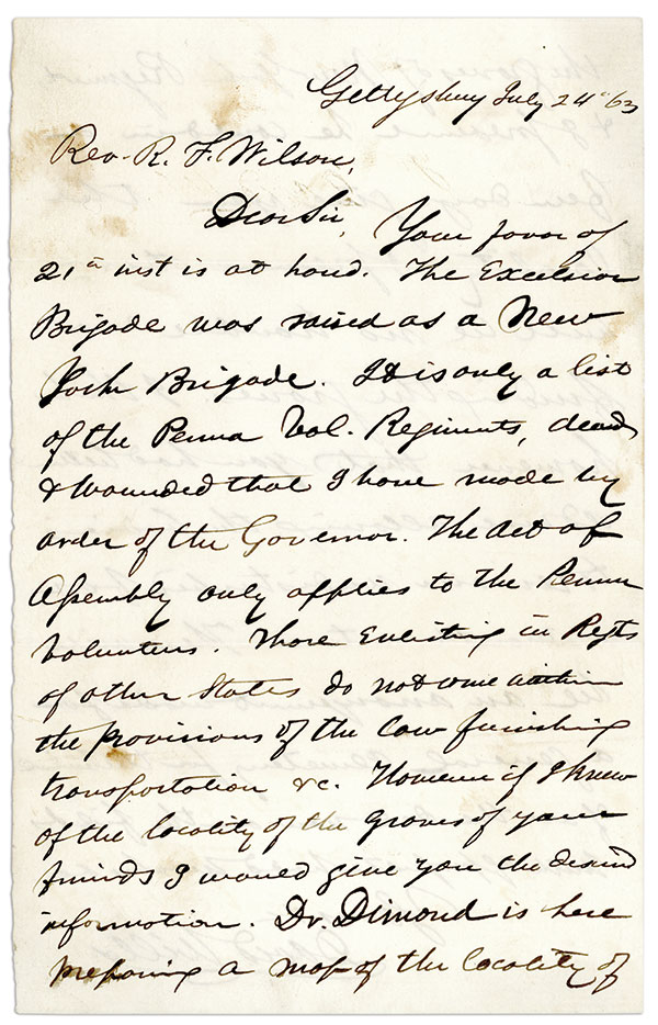 Wills’ letter to Rev. Robert Fleming Wilson, July 24, 1863.