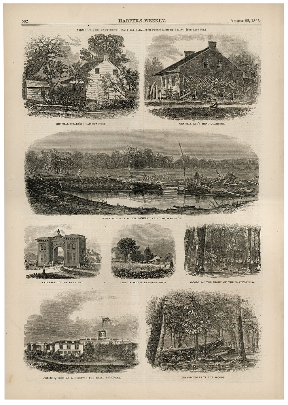 The Aug. 22, 1863, issue of Harper’s Weekly featured 11 engravings from Brady’s Gettysburg photographs. The prisoners’ image was excluded. Eight are shown here. Another view was published on an adjacent page, and two on the cover—John Burns and his home. Military Images.
