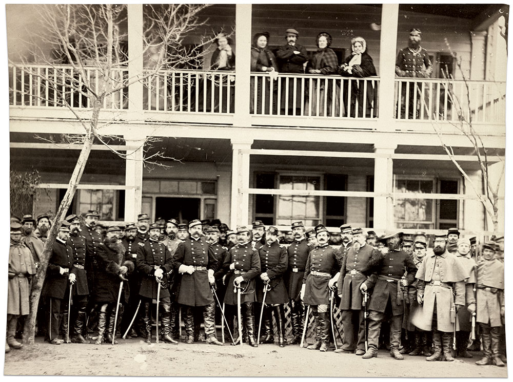 The headquarters of Brig. Gen. Louis Blenker’s Division, circa 1862. Blenker stands with his gauntleted hand on his belt. Stahel, commanding the First Brigade, stands next to Blenker. Albumen print by an unidentified photographer. Library of Congress.