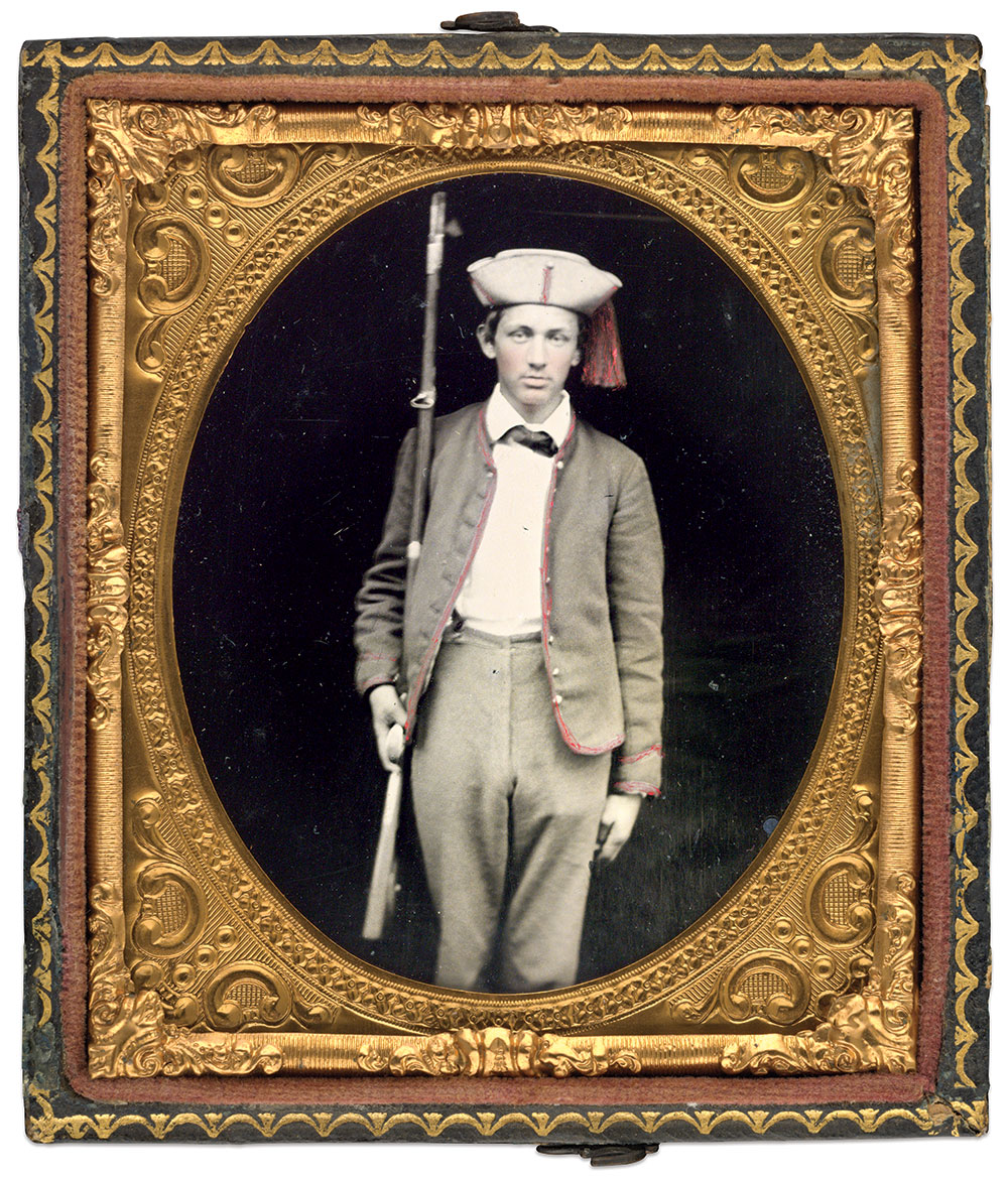 Christian H. Cook enlisted for three-months’ service in the 20th Ohio Infantry, and re-enlisted in the 54th Ohio on October 9, 1861. The red wool tassel hangs from his hat. He also wears an example of the chasseur-pattern jacket made for the 34th and 54th Ohio by clothiers Heidelbach, Seasongood & Co., of New York City. He holds a U.S. Model 1817 Flintlock Rifle, also known as the Model 1817 “Common” Rifle. Sixth-plate ambrotype by an unidentified photographer. The Liljenquist Family Collection at the Library of Congress.